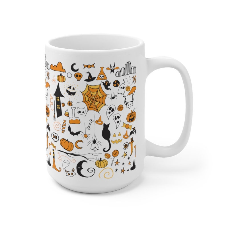 May include: White ceramic mug with a Halloween-themed design. The mug is covered in black and orange illustrations of pumpkins, ghosts, bats, spiders, and other Halloween symbols.