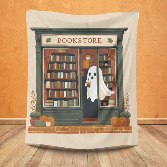 Bookstore Ghost Velveteen Plush Blanket - Halloween & Fall Decor