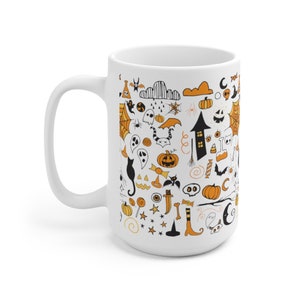 May include: White ceramic mug with a black and orange Halloween themed design. The design features a variety of Halloween icons, including pumpkins, ghosts, bats, witches hats, and candy corn.