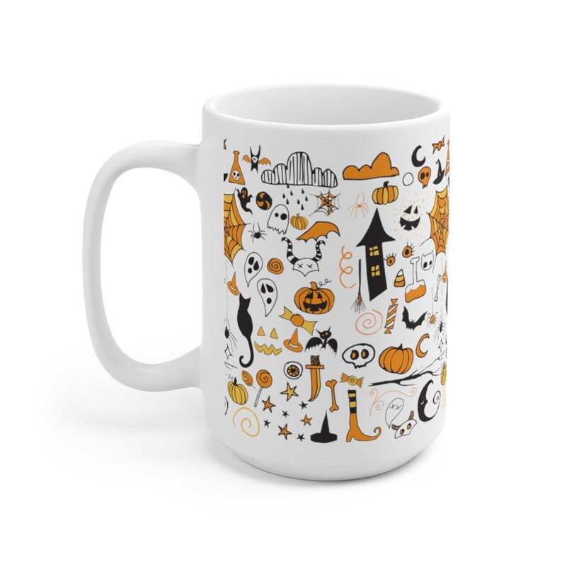 May include: White ceramic mug with a black and orange Halloween themed design. The design features a variety of Halloween icons, including pumpkins, ghosts, bats, witches hats, and candy corn.