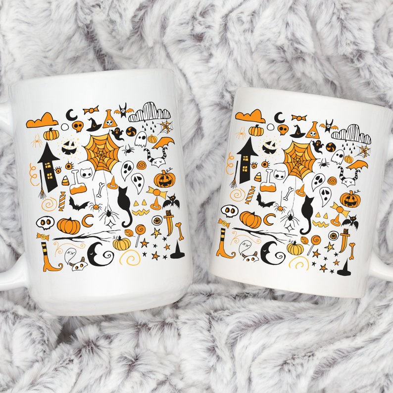 May include: Two white coffee mugs with black and orange Halloween themed illustrations. The illustrations include ghosts, pumpkins, bats, spiders, candy corn, and other Halloween symbols.