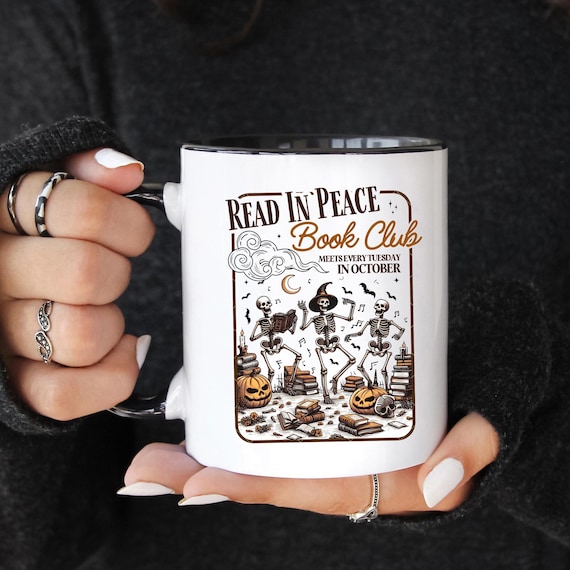 Spooky Book Club Mug, Halloween Skeleton Design