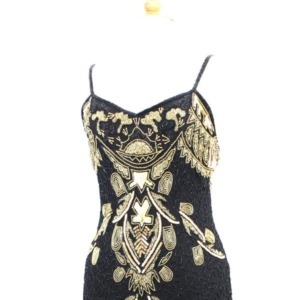 JTRIMMING Vintage Kleid Perlen & Pailletten Handarbeit Auf Seide Stil 5041L