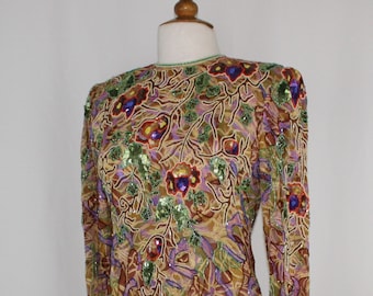 JTRIMMING Vintage Dress Hand Work Bead & Sequins  Hand Print on Silk Style 4010