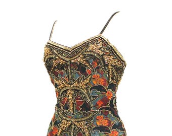 JTRIMMING Vintage Dress Hand Work Bead Sequins & Hand Print On Silk Style 2020M