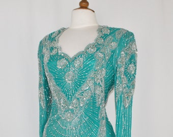 JTRIMMING Vintage Dress Long Sleeve Bead & Sequins and Hand Work On Silk Style 3017