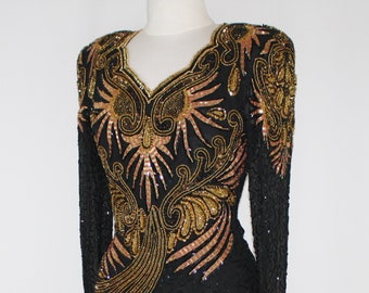 JTRIMMING Vintage Dress Long Sleeve Bead & Sequins Hand Work On Silk Style 6212