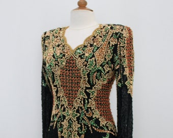 JTRIMMING Vintage Dress Long Sleeve Bead & Sequins Hand Work On Silk Style 6010