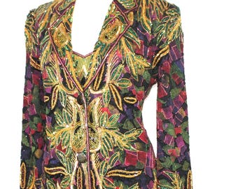 JTRIMMING Vintage Blazer Jacke Handarbeit Perlen & Pailletten Handprint Auf Seide Style 5046J
