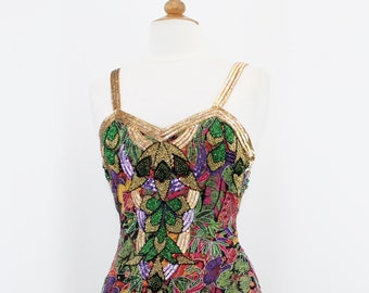 JTRIMMING Vintage Short Dress Hand Work Bead & Sequins  Hand Print On Silk Style 5005M
