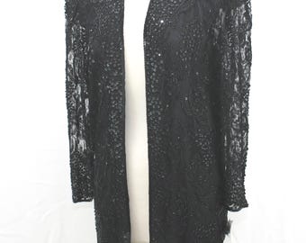 JTRIMMING Vintage Lang Sheer Ärmel Jacke Handarbeit Perlen & Pailletten Auf Spitze Stil 3086