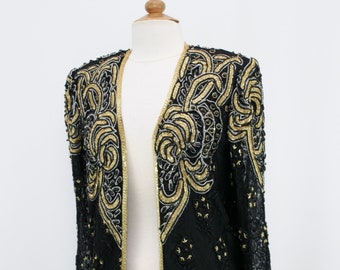 JTRIMMING Vintage Sheer Long Sleeve Jacket Hand Work Beading On Lace Style 5052