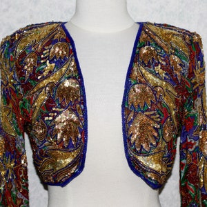 JTRIMMING Vintage Bolero Jacket Hand Work Bead & Sequin and Hand Print on Silk Style 5039
