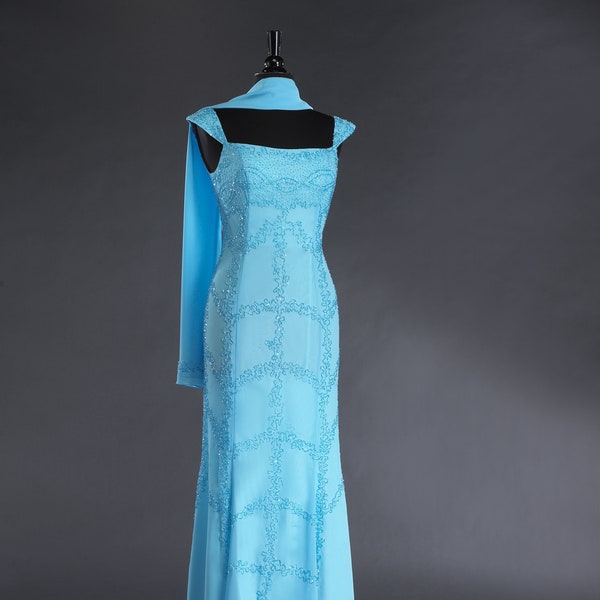JTRIMMING Dress Cap Sleeve Length 58" Hand Work Beading On Chiffon With Scarf Style L3001