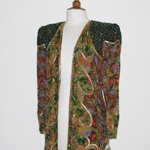 JTRIMMING Vintage Jacket 32"Length Hand Work Bead & Sequins Hand Print On Silk #5008L