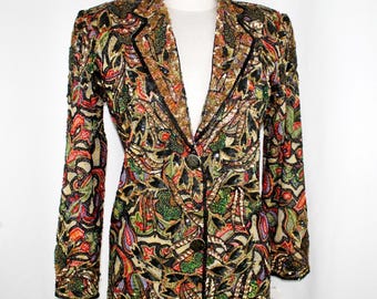 JTRIMMING Vintage Blazer Jacke Handarbeit Perlen & Pailletten Auf Seide Style Style 5006J