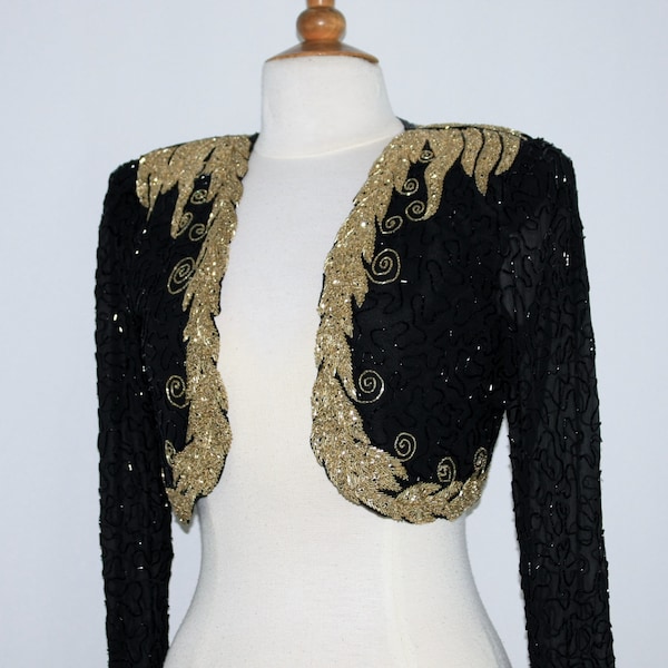 JTRIMMING Vintage Bolero Jacket Long Sleeve Hand Work Beading On Silk Style 108