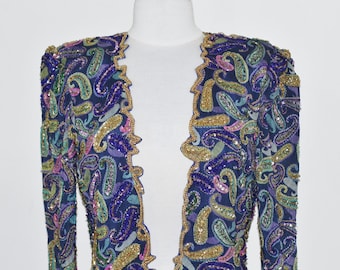 JTRIMMING Vintage Bolero Jacket Hand Work Bead & Sequins and Hand Print On Silk Style 2093