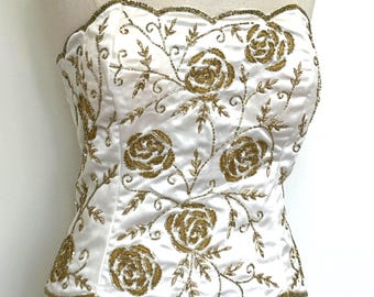 JTRIMMING Vintage Bustier Corset Hand Work Beads & Embroidery On Satin Style F3181