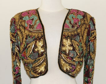 JTRIMMING Vintage Beaded Bolero Jacket Hand Work & Hand Print On Silk Style 5040