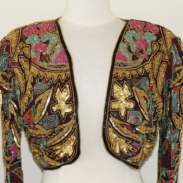 JTRIMMING Vintage Beaded Bolero Jacket Hand Work & Hand Print On Silk Style 5040