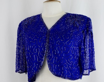 JTRIMMING Vintage Bolero Jacke Schiere Kurzarm Handarbeit Perlen Auf Chiffon 6318