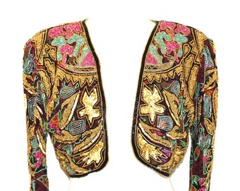 JTRIMMING Vintage Beaded Bolero Jacket Hand Work & Hand Print On Silk Style 5040