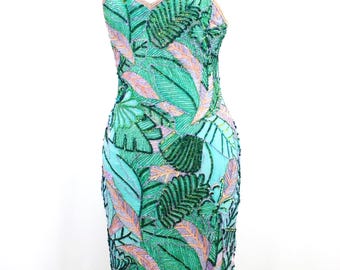 JTRIMMING Vintage Short Dress Hand Work Bead & Sequins and Hand Print On Silk Style 3081L