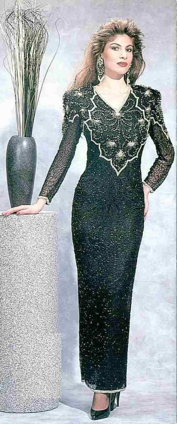 JTRIMMING Vintage Beaded Gown Long Sheer Sleeve V 