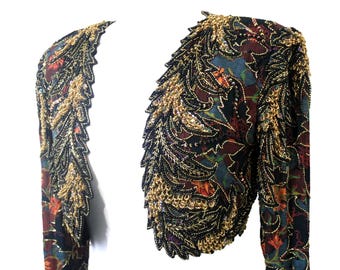 JTRIMMING Vintage Beaded Sequin Bolero Jacket, Hand-Printed Silk 1980s India Style 2020