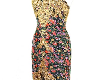JTRIMMING Abito vintage lavorato a mano con perline e paillettes, stampa a mano su seta, stile 5057L