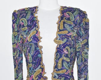 JTRIMMING Vintage Bolero Jacket Hand Work Bead & Sequins and Hand Print On Silk Style 2093