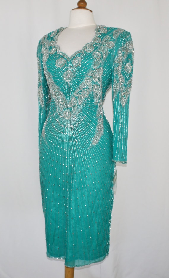 JTRIMMING Vintage Dress Long Sleeve Bead Sequins and Hand Work On Silk  Style 3017