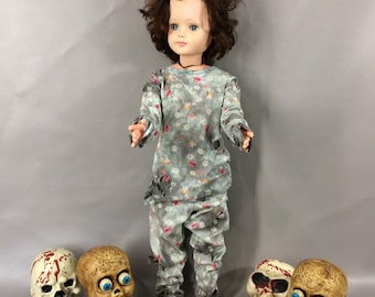 ooak 3T ZOMBIE Toddler Girl Distressed Pajamas Family Halloween Costume or Creepy Big Doll Clothes Haunted House Props Display 3T (31-34 lb)