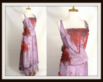 ooak upcycled Womens Bloody Halloween Costume. Bridesmaid Zombie Prom Queen Dress. Custom Made Distressed 3pc Purple Formal Gown size 10 M