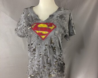 Distressed Grungy Holey SUPERMAN T Shirt. Sexy Post Apocalyptic Wasteland Zombie SUPERWOMAN Halloween Costume. No Blood XS S