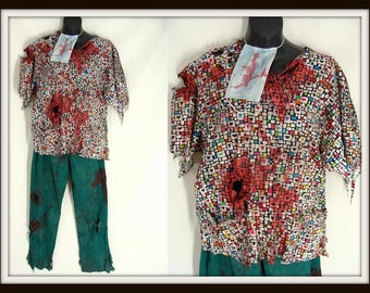 ooak Bloody Zombie Nurse HAlloween Costume. Butcher Dr Surgeon Scrubs. 3 pc Trashed Heart Top, Green Pants & Mask. adult XS