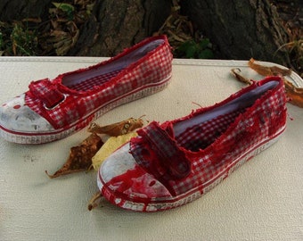 ooak upcycled Trashed and Bloodied Red & White Gingham Zombie Shoes Halloween Costume. US Womens Size 7