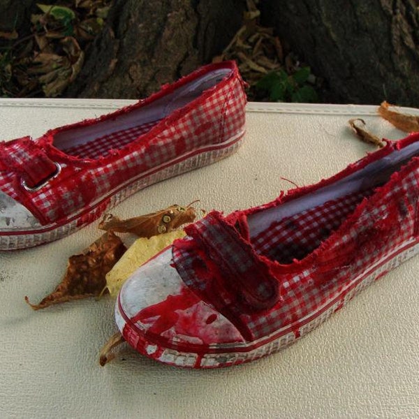 ooak upcycled Trashed and Bloodied Red & White Gingham Zombie Shoes Halloween Costume. US Womens Size 7