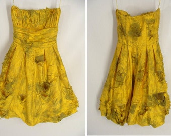 ooak NO BLOOD Post Apocalyptic Wasteland Dress Zombie Girl Homecoming Queen Halloween Costume Short Yellow Strapless Dress 0 XS