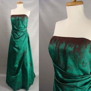 Zombie Princess 80s Prom Queen Dress. Bloody Neck Vampire Bride of Frankenstein Halloween Costume. Strapless Green Bridesmaid Gown size 12 L