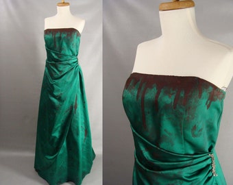Vestido de princesa zombi de los 80 para el baile de graduación. Disfraz de Halloween de la novia vampiro de Frankenstein con cuello ensangrentado. Vestido de dama de honor verde sin tirantes talla 12 L