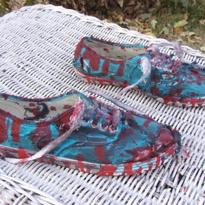 ooak upcycled Trashed Bloody Zombie Shoes. Halloween Costume. Distressed Teal Green Vans US women&#39;s size 6 men&#39;s 4.5