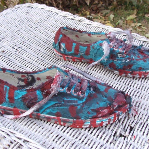 ooak upcycled Trashed Bloody Zombie Shoes. Halloween Costume. Distressed Teal Green Vans US women's size 6 men's 4.5