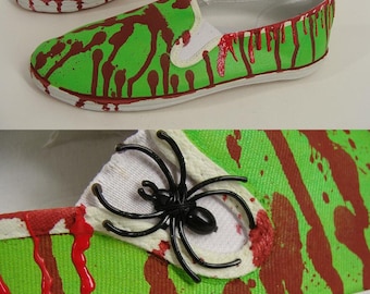 ooak Glow in the Dark Bloody ZOMBIE SHOES Neon Green Slip Ons w/ Spider Unisex Halloween Costume mens shoe size 13 Mens 13 Womens 15