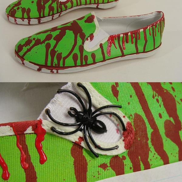 ooak Glow in the Dark Bloody ZOMBIE SHOES Neon Green Slip Ons w/ Spider Unisex Halloween Costume mens shoe size 13 Mens 13 Womens 15