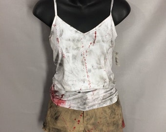 The Walking Dead Costume Sexy Post Apocalyptic Outfit Short Shorts &Tank Top Distressed Grungy Blood Spatter Costume Hot Zombie ooak L 13 15