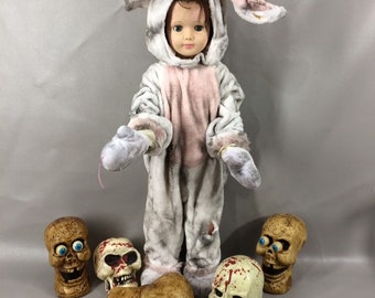 ooak ZOMBIE BUNNY Baby Girl/Boy Distressed Bunny Suit Halloween Costume or Creepy Doll Clothes Haunted House Props Display Decor 12-24 month