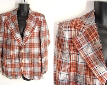 ooak Mens Zombie Jacket BLOOD OPTIONAL The Walking Dead Halloween Costume Post Apocalyptic Vampire Dirty 70s Plaid Sport Coat size 40 42 M