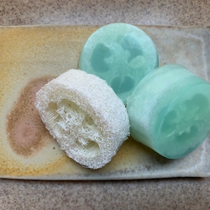 Handmade round soap bar with loofah, peppermint essential oil, 3 bars for 12.00, packaged using recycled materials, vegan